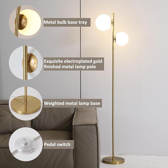 COTULIN 2 Globe Floor Lamp for Living Room, 7.1 Inch Sphere Mid Century Modern Floor Gold Lamp for Bedroom,Brass Standing Tall Pole Lamp with White Frosted Glass Shade,Office Home Decor