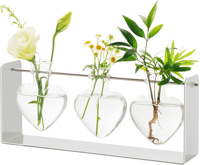 Rossny Metal Plant Propagation Station with 3 Clear Glass Vases - Desktop Plant Terrariums for Herbs, Ideal for Modern Home Office Garden Planter Decor, Gift for Plant Lovers, White