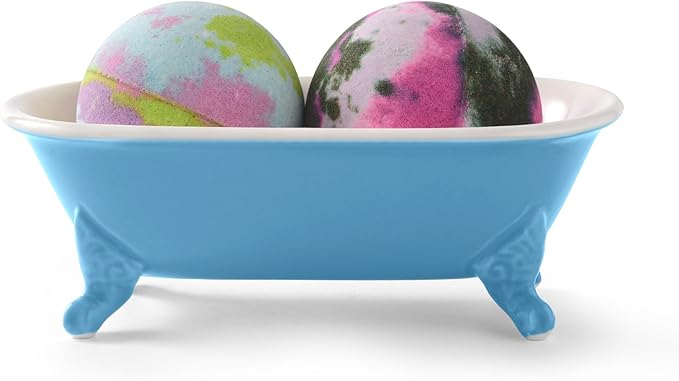 6.5" Ceramic Mini Decorative Clawfoot Bathtub Bar Soap Dish, Kitchen Sponge Holder and Shower Tray for Bathroom, 1 Pack(Pacific Blue)