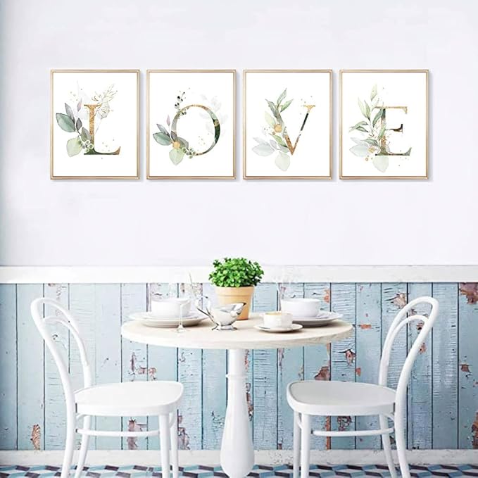 Love Botanical Simple Life Green Leaf Painting Bathroom Wall Decor Art Print Set of 4(8”X10”), Boho Leaf Eucalyptus Wall Décor, Watercolor Modern Bohemia Botanical Floral Leaves Kitchen Plant