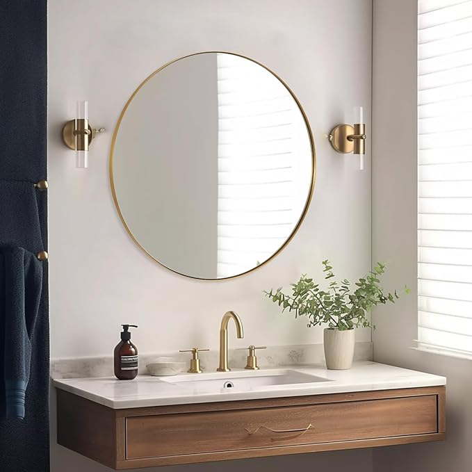 ANDY STAR Round Gold Mirror, 30'' Brass Mirror with Brushed Gold Frame, Wall Mounted Stainless Steel Metal Frame Round Mirror for Bathroom, Living Room, Bedroom