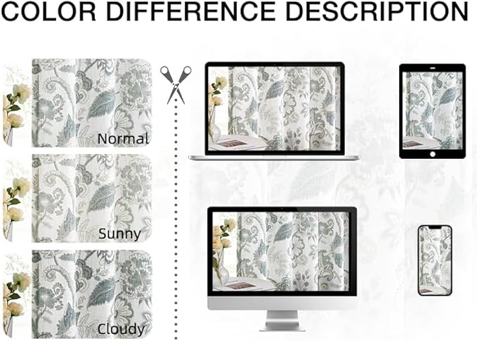 Kayne Studio Botanical Print Semi Sheer Curtains Blue Grey Floral Leaf Farmhouse Linen Curtain Drapes Light Filtering Window Treatments for Living Room Bedroom Rod Pocket Back Tab,52"x63",2 Panels