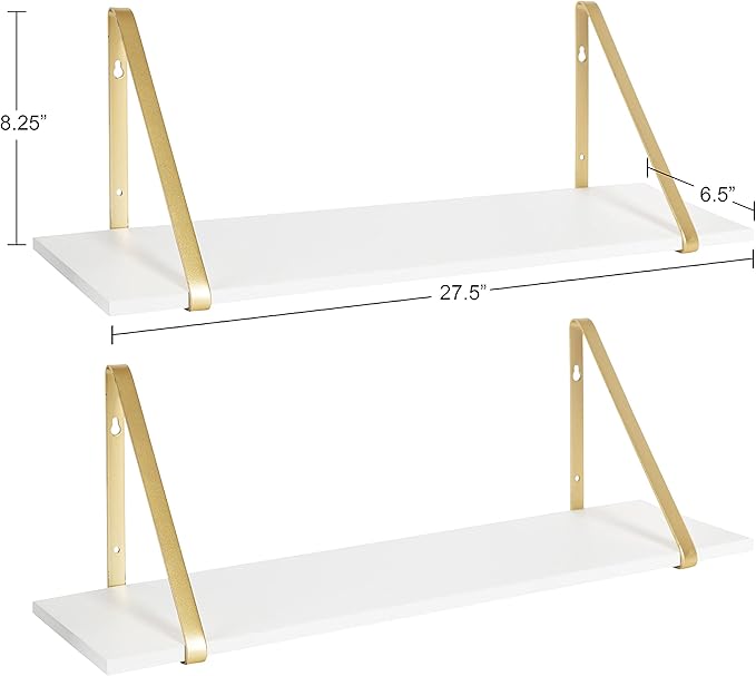 Kate and Laurel Soloman White Wooden Shelves with Gold Metal Brackets, 2 Piece Set