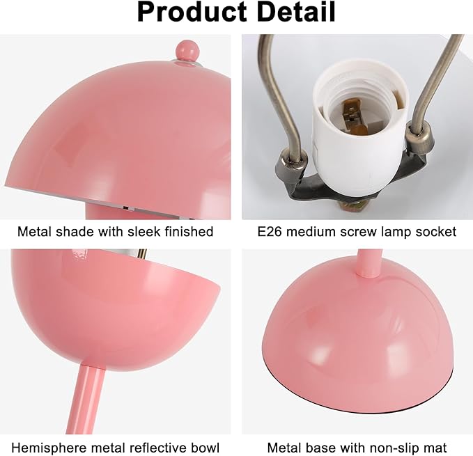 COSYLUX Modern Small Table Lamp for Bedroom, Cute Dome Shade Reflecting Light Reading Lamp for Living Room, Kid's Room, Study, Office, Beside Bedside Nightstand Desk Lamp(Pink)
