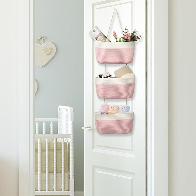 TeoKJ Over the Door Organizer, 3-Tier Woven Cotton Hanging Kitchen Baskets Storage Organizer Bag with Hooks Wall-Mounted Decorative Rope Baskets - Pink+White