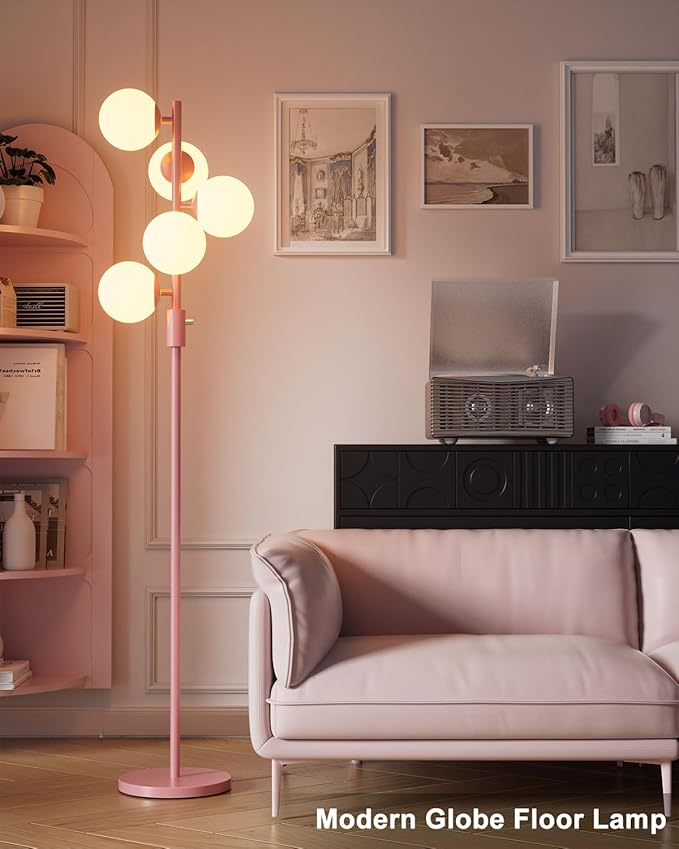 64IN Dimmable Pink Floor Lamp, Tall Standing Lamps with 5 Globe Soft Warm White Eye Care 3000K G9 Bulbs, Mid Century Modern Floor Lamp for Living Room Bedroom Office