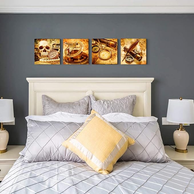 The pirates 4pcs Modern Salon Theme and Adventure map Abstract Painting Still Life Canvas Wall Art for Home Decor Compass and magnifying glass Canvas Print Wall Art Painting For Living Room Decor