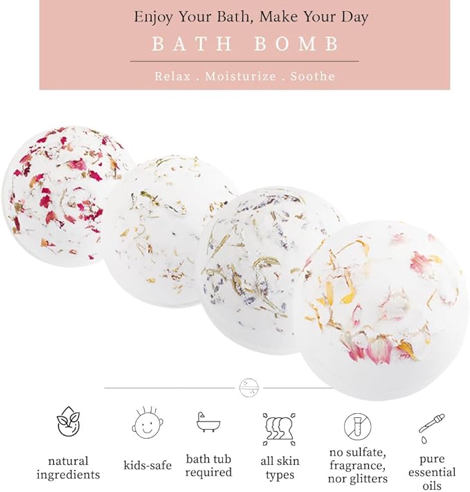 4 Pack Bath Bombs for Women Garden Collection Spa Gift Set with Natural Chamomile Lavender Rose Sea Salt Relaxing Moisturizing Birthday Gift for Her Bubble Bath Skincare