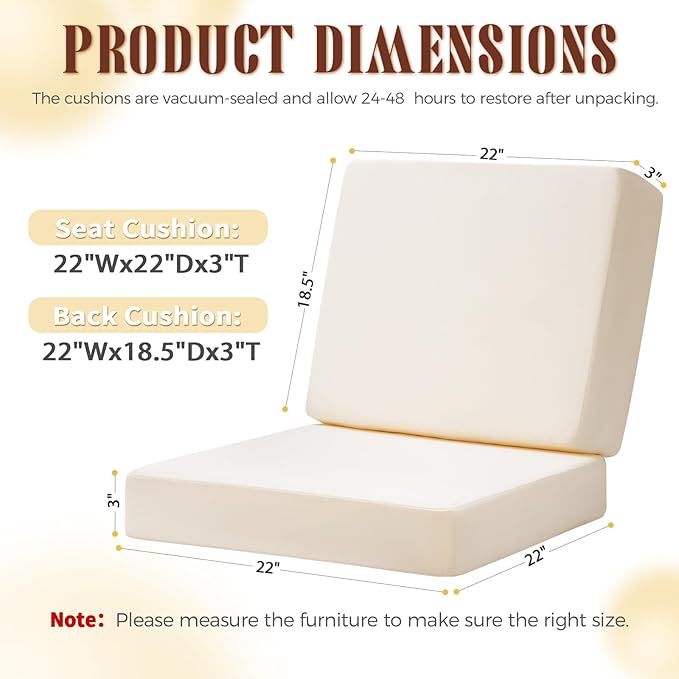 Outdoor Deep Seat Cushion Set, 22 x 22 Inch Waterproof and Fade Resistant Patio Furniture Cushion Backrest with Ties for Patio Garden Yard and Balcony (Beige, 22x22Inch)