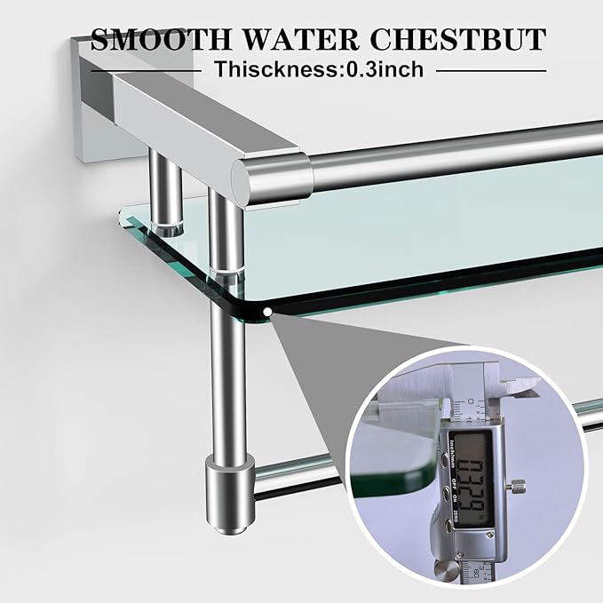 Bathroom Glass Shelf with Towel Rack Organizer Wall-Mounted Bathroom Storage SUS304 Stainless Steel Towel Bar/Track Wall-Mounted Tempered (Chrome Polished, 20-inch)