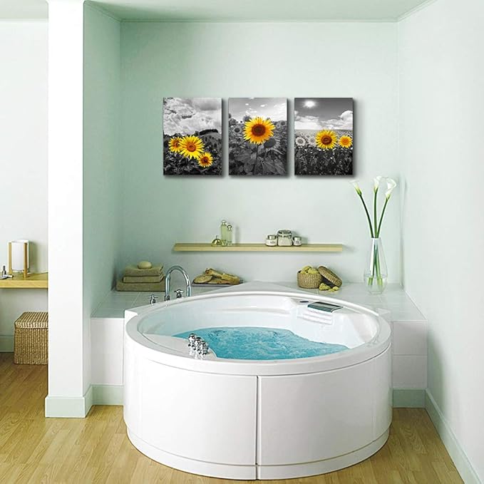 Large Size Canvas Wall Art For Living Room Family Bedroom Wall Painting Decoration,Bathroom Wall Decor Kitchen Home Decoration Black And White Sunflower Flowerswall Pictures Artwork,20x28 3 Piece