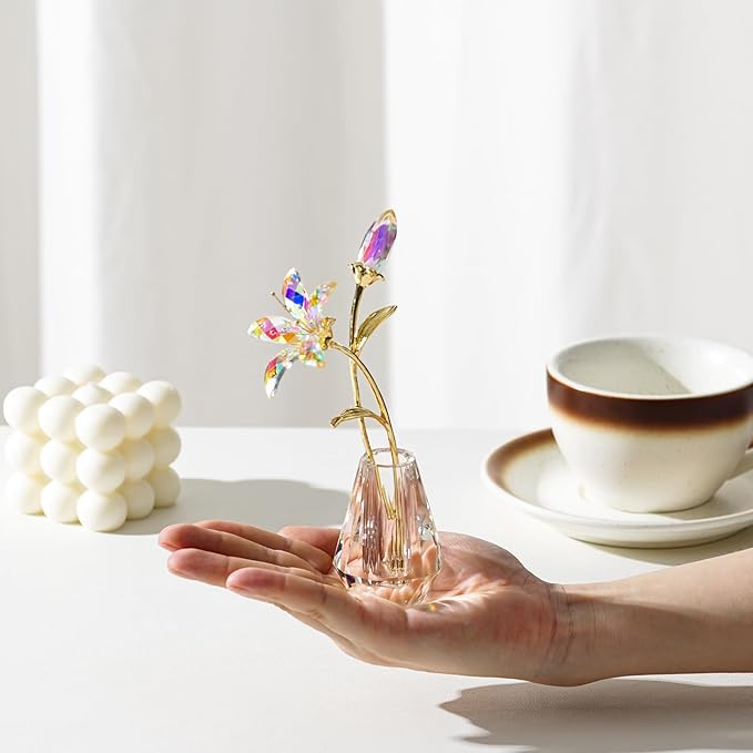 Crystal Lily Figurine, Glass Flowers with Stem,Flower Collectible Gifts for Woman, Wedding Party Decor(Transparent)