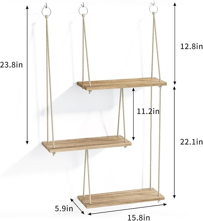 Fixwal Hanging Shelves for Wall, 3 Tier Boho Wall Decor Plant Rack Floating Shelves Rope Rustic Wood Organizer Storage Hanger for Aesthetic Home Bedroom Kitchen Bathroom- Rustic Brown