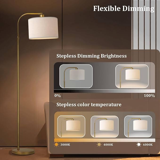 Gold Floor Lamp with Remote Control, Adjustable Height Dimmable Arc Floor Lamp for Living Room, Modern Gold Standing Lamp Dimmable for Bedroom, Office, 1000 Lumens LED Smart Bulb Included,