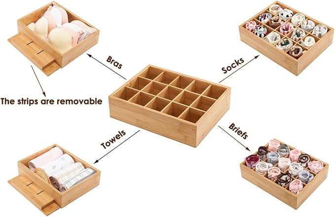 GOBAM Bamboo Closet Drawer Divider - Storage Organizer with 15 Compartments, Drawer Organizer, Storage Box for Belts, Ties, Bras, Briefs, Socks & Jewelry - Natural