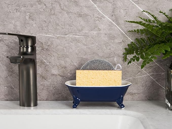 6.5" Ceramic Mini Decorative Clawfoot Bathtub Bar Soap Dish, Kitchen Sponge Holder and Shower Tray for Bathroom, 1 Pack(Navy Blue)