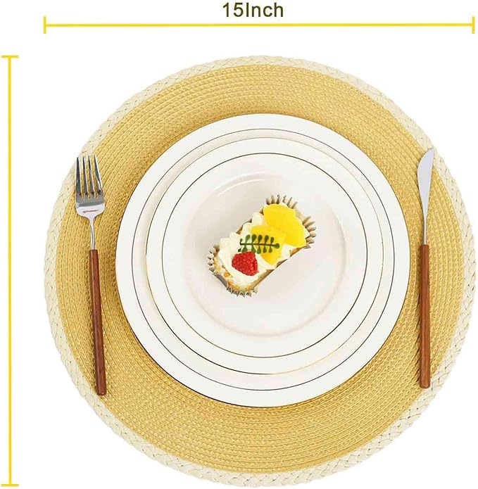 Noctiflorous Round Braided Placemats Set of 4 Table Mats 15 Inches Washable Heat Resistant for Dining Table Non-Slip Indoor Outdoor Place Mats for Easter(01 Ginger Yellow 4)