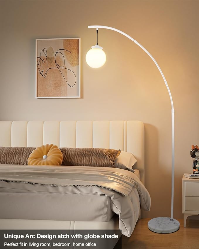 Lightdot Arc Floor Lamp for Living Room, 76Inch Tall Standing Lamp with Marble Base and Globe Bulbs Included, 3000K Warmwhite Modern Mid Century Floor Lamp for Bedroom & Home Office-White