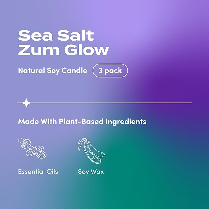 Indigo Wild Zum Glow Sea Salt Candle - Soy Wax Candle with Lead-Free Wick - Relaxing Candles Scented with Essential Oils - Long-Lasting Scented Candles - 30-Hour Burn Time - 7 oz (3 Pack)