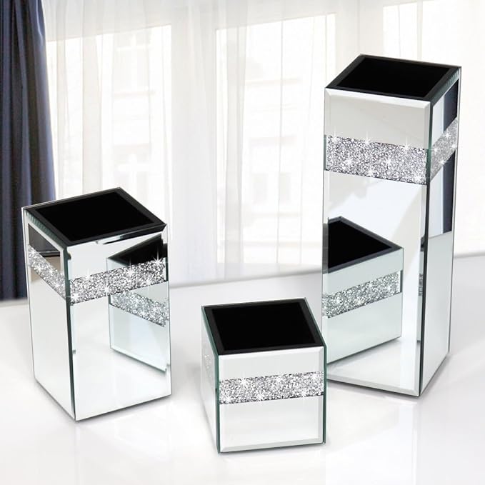 Crushed Diamond Mirrored Vase Pack of 3 Pieces Small Middle Large. Crystal Silver Mirror Glass Stunning Decorative Flower Vase Luxury for Home Decor. Can’t Hold Water.