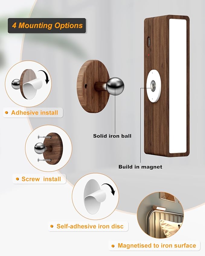Wall Lights Battery Operated Wooden,Magnetic Wall Sconces Rechargeable,Adhesive Wall Lights for Bedroom,Dimmable Wall Mounted Bedside Lamp,Cordless Battery Wall Sconce for Bedroom Reading