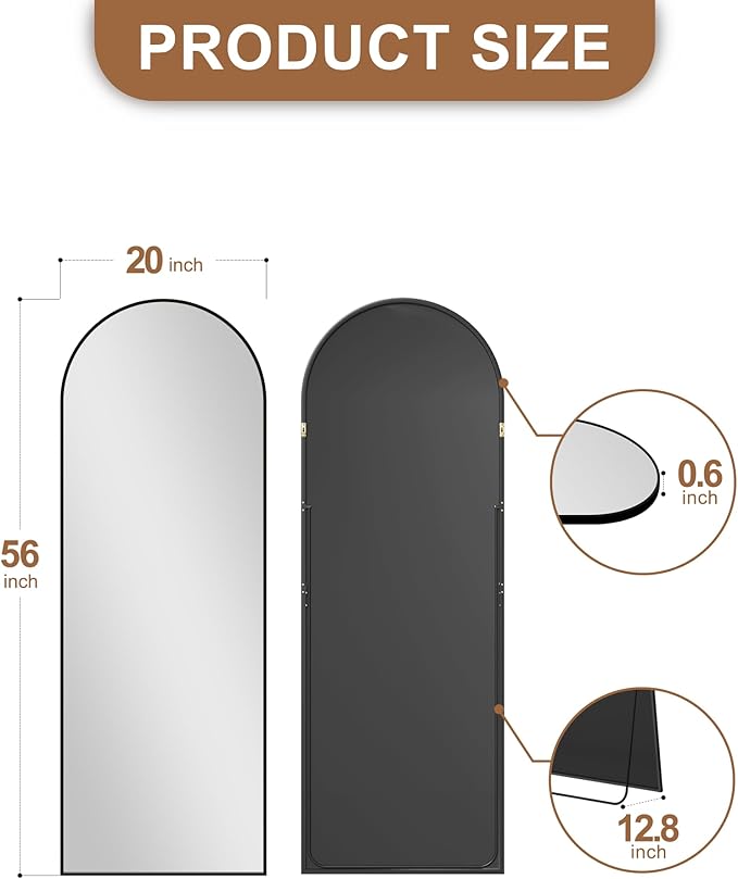 Delma Arched Mirror Full Length,56"x20" Standing Mirror,Large Floor with Stand for Wall Entryway Door Bedroom Bathroom Living Room