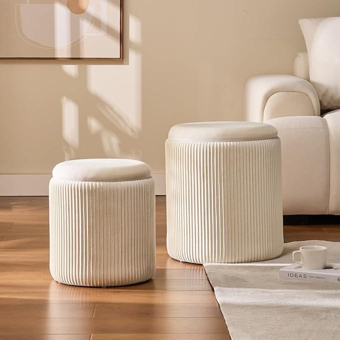 Round Set of 2 Ottoman with Storage-Upholstered Velvet Vanity Stool for Makeup Multifunctional Ottomans Coffee Table Padded Seat Foot Rest for Living Room&Bedroom(White)