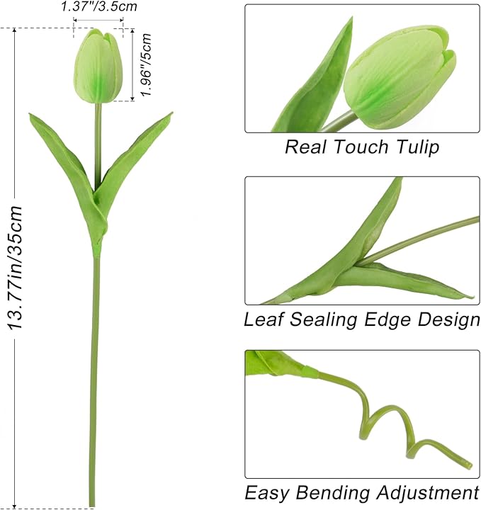 Beferr 18pcs Tulips Artificial Flowers Faux Tulip Real Touch Fake Flowers Bouquets Arrangements for Easter Spring Flowers Home Table Decor Green