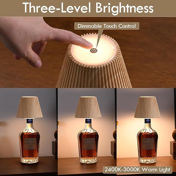WILIT Wireless Bottle Lamp Shades for Table Lamps, 3 Level Brightness Touch Night Light, Rechargeable Cordless Lamp for Bedroom Bar&Restaurant, Table Top Decor, House Warming Gifts, Mothers Day Gifts