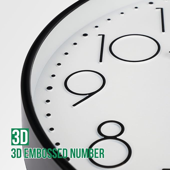 Wall Clock 12 Inch Non-Ticking Silent Modern Simple Style Round Decor Clock Black Stereoscopic Dial Quartz Wall Clocks for Home/Office/School/Living Room/Bedroom/Kitchen