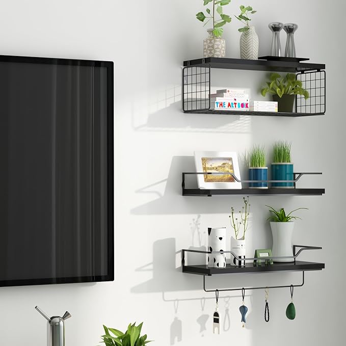 Floating Shelves Wall Mounted,Wood Bathroom Shelf Over Toilet with Paper Storage Basket, Wall Decor Farmhouse Floating Shelf for Bedroom, Living Room, Kitchen,Office (Black)