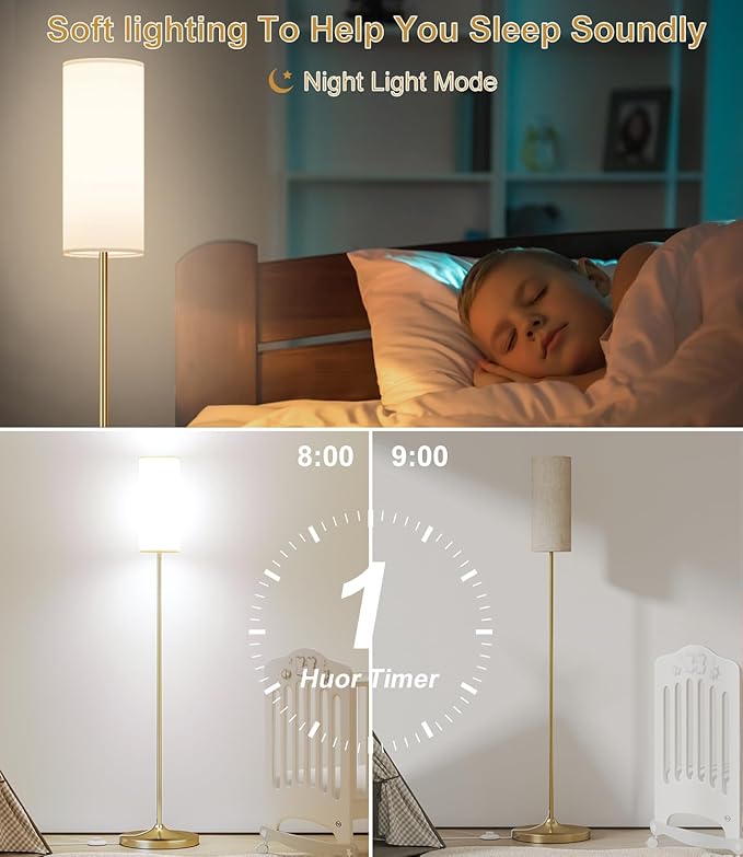 luckystyle LED Floor Lamp for Living Room, Dimmable Standing Lamps with Foot Switch,Remote Custom Color Temperature Gold Pole Lamp with Lampshade,12W Led Bulb Tall Lamps for Bedroom Office Kid Room