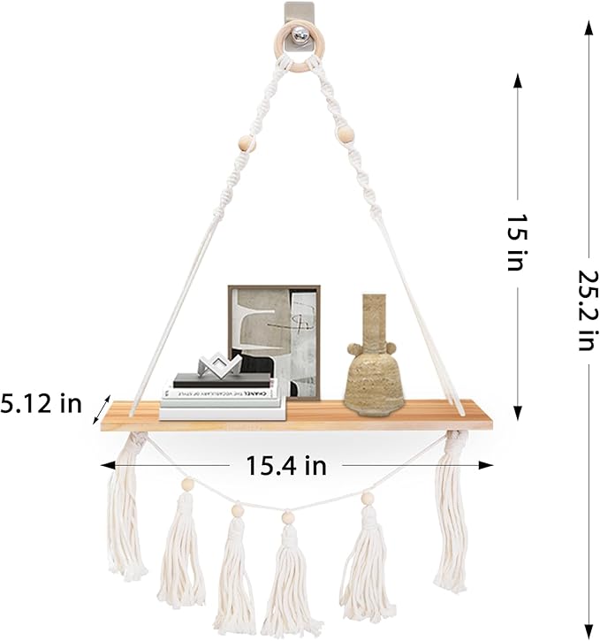 Macrame Wall Hanging Shelves,Boho Decor Floating Shelves Set of 2,Wood Floating Shelves for Wall No Drilling for Plants Photos,Women Girls Bedroom Decor,Living Room (Wooden Two-Pack)