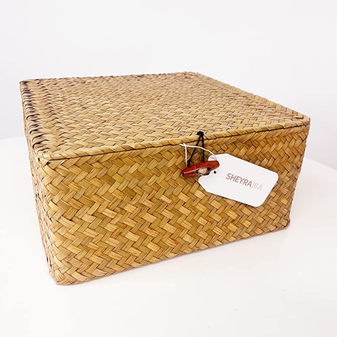 3 Pack Cube Seagrass Storage Bins with Lids, Rattan Woven Decorative Storage Boxes, Wicker Storage Baskets for Shelves, Storage Containers for Organizing, Clothes and Hobby Things