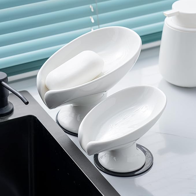 Soap Dish, Soap Holder Self Draining Leaf Shape Soap Dishes,White Ceramic Draining Soap Tray for Shower, Bathroom Sink, Kitchen (Small Size-White, 1)