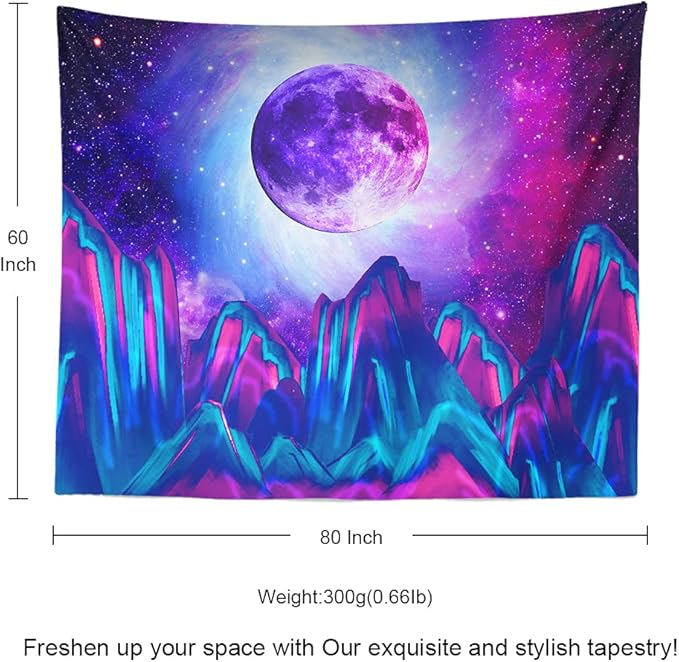 Trippy Psychedelic Tapestry Mountain Moon Galaxy Star Night Sky Universe Space Blue Starry Sky Wall Hanging Clouds Tree Aesthetic Wall Art for Bedroom Teen Girl Living Room 60x80