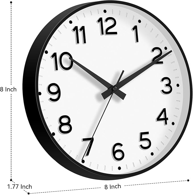 Wall Clock, Silent Wall Clocks Battery Operated 8 Inch-Modern Non Ticking Analog Clock Decorative for Kitchen Office Bathroom Bedroom(Black)