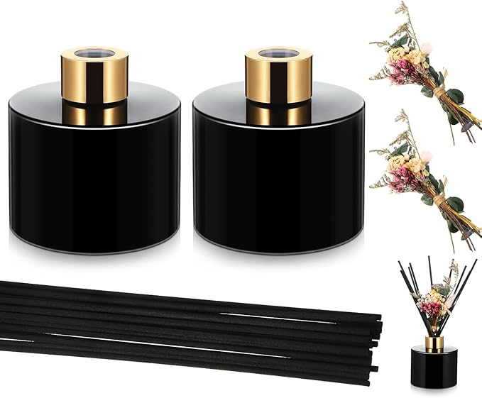 Rtteri 2 Reed Diffuser Sets Flower Oil Diffuser Sticks with Refill Empty 5oz Bottles Scent Glass for Fragrance Home Bathroom Gifts, Oil Not Included(Black Color)