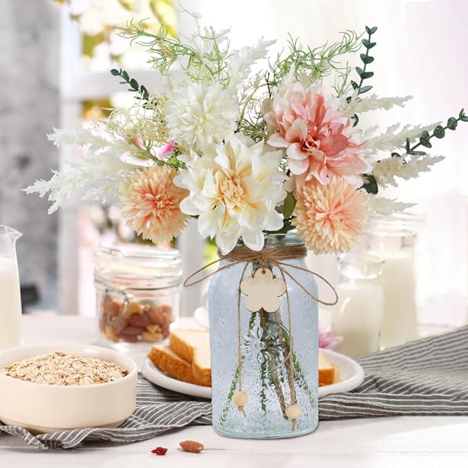Silk Flowers with Vase, Artificial Flowers Arrangement with Glass Vase Faux Dahlia for Decoration Table Centerpiece (Dahlia White Pink)