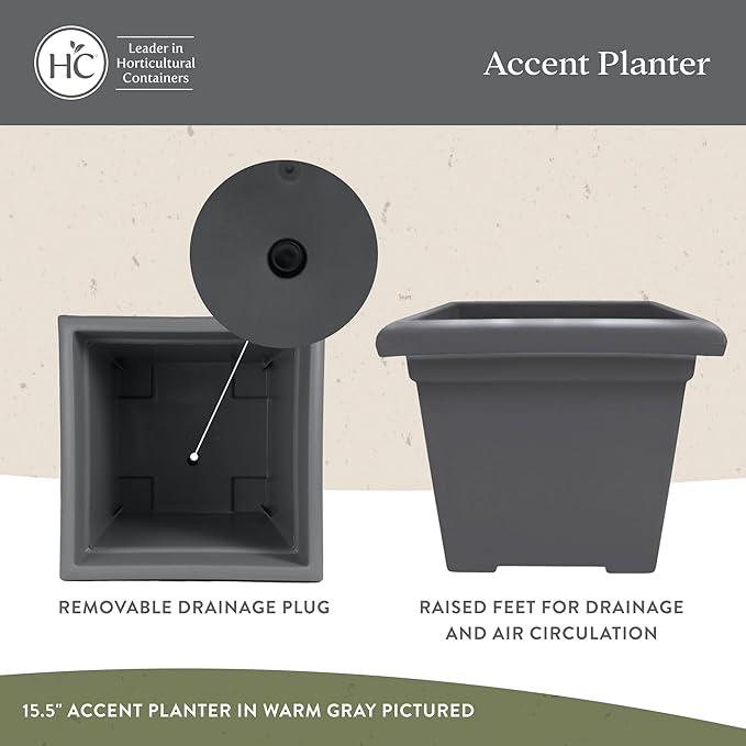 The HC Companies Accent Square Plant Pot w/Drainage - Classic Planters for Outdoor Plants & Indoor Plants - Lightweight & UV-Resistant Square Planter Box (15.5”, Chocolate, Pack of 2)