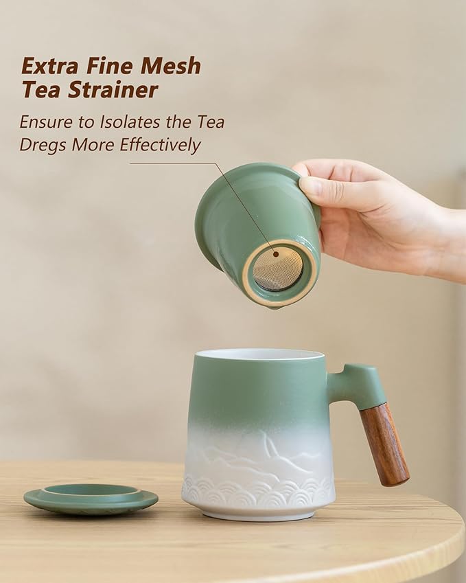 ZENS Tea Mug with Infuser and Lid for Loose Leaf Tea Steeper, 16.9 oz Embossed Ceramic Tea Cup with Fine Tea Strainers, Wood Handle Large Tea Diffusers Mugs, Tea Accessories for Tea Lovers Gifts