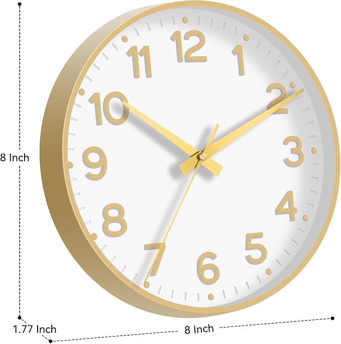 Wall Clock, Silent Wall Clocks Battery Operated 8 Inch-Modern Non Ticking Analog Clock Decorative for Kitchen Office Bathroom Bedroom(Gold)