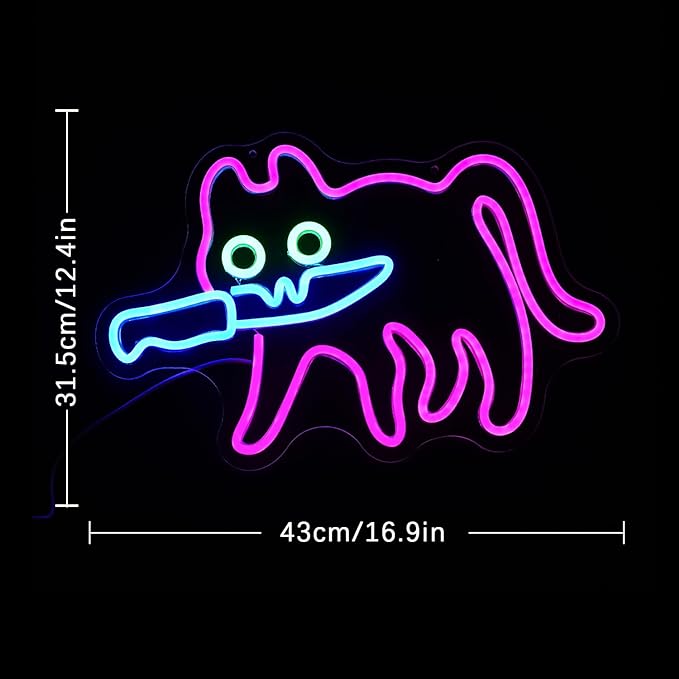 Cautiously Cat Neon Sign for Wall Decor Knife Neon Light Adorable LED Neon Sign for Bedroom Zoo Cat Cafe Cat House Store Restaurant Home Kitchen Men Cave Home Bar Decoration(16.9"*12.4")