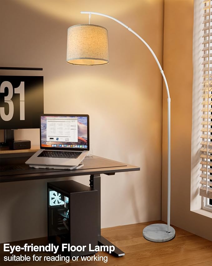 Lightdot Arc Floor Lamps for Living Room, Modern Standing Lamp with Hanging Drum Shade, Tall Standing Floor Lamp with Foot Switch, Over Couch Arched Reading Light for Bedroom, Office (White)