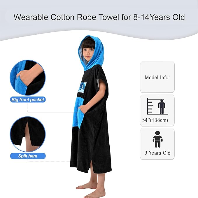 VOOVA & MOVAS Black Changing Robe for Teens,8-14Yearsï¼Thick 100% Cotton, Absorbent Hooded Towels for Girlsï½Boys,Surf Poncho for Pool, Beach, Bath,Swim