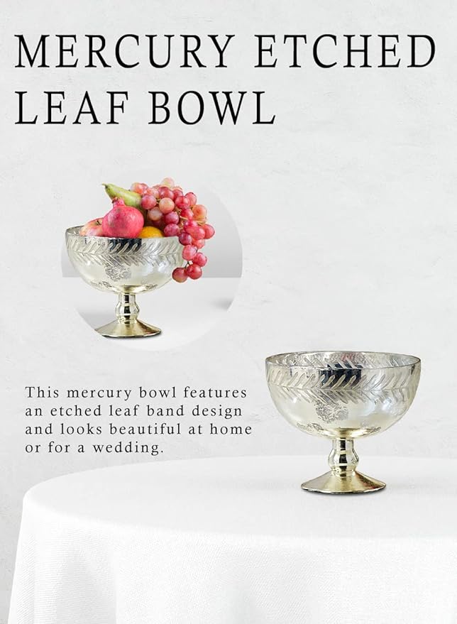 Serene Spaces Living Silver Etched Leaf Mercury Glass Bowl, Vintage Compote Bowl (Pack of 4)