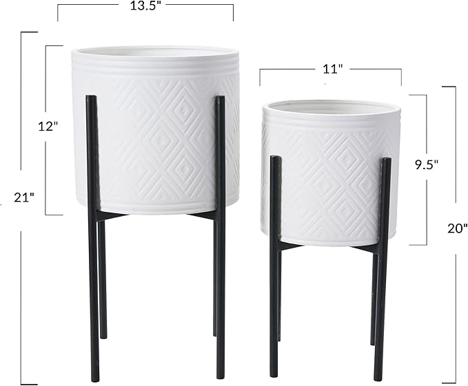 Main + Mesa Modern Boho Embossed Metal Planters with Stands, White and Black, Set of 2 Sizes
