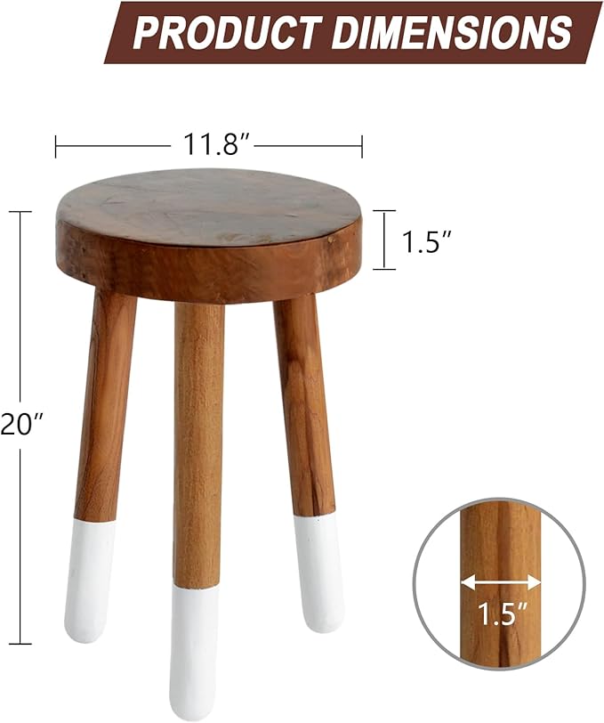 Teak 11.8” Round Dip Dyed Teak Stool | Wood Accent Side Table | Wood Plant Stand (20" Tall)