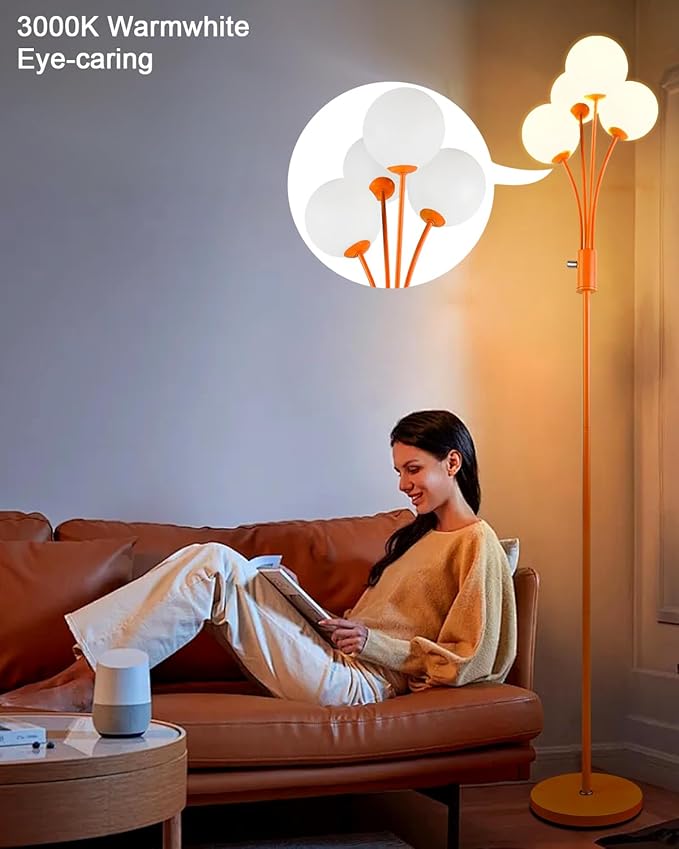 Lightdot 67IN Dimmable Globe Floor Lamp 4-Lights Orange Standing Lamps with 4PCS 3000K G9 Bulbs Soft Warm White Mid Century Modern Floor Lamp Stable Base for Living Room/Sofa Beside
