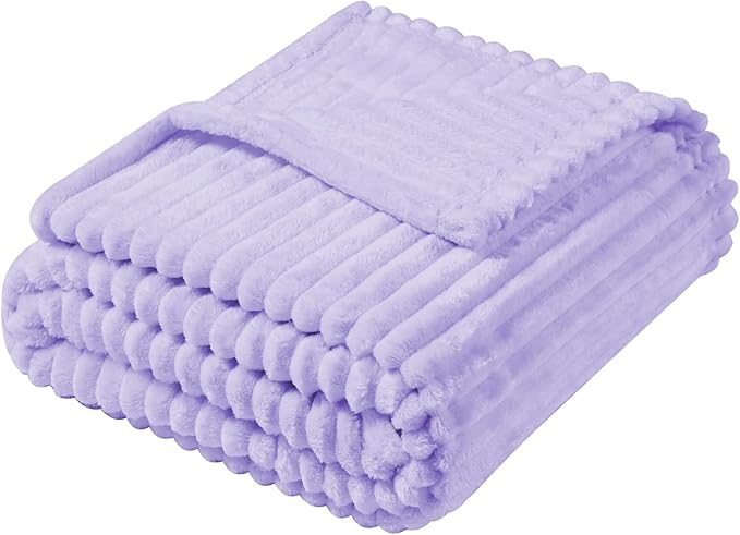 Vessia Flannel Fleece Throw Blanket for Couch,Sofa,Bed, 300GSM Microfiber Light Purple Striped Chair Blanket,Super Soft Warm Cozy Lightweight Ribbed Throw for All-Season